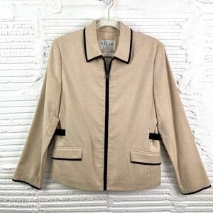 NWT Oscar De La Renta Wool Blend Lined Zip Up Tan Jacket Brown Elbow Patches 6